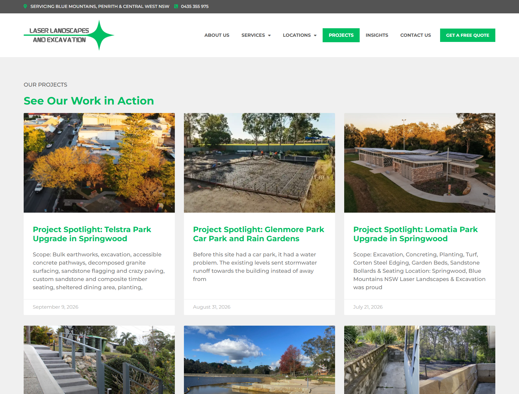 The Laser Landscapes projects page showing the Telstra Park, Glenmore Park and Lomatia Park spotlights