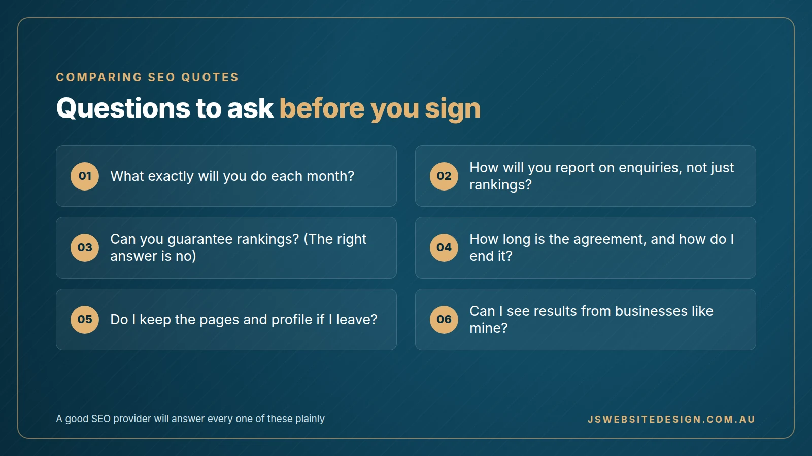 Six questions to ask an SEO provider before you sign, including what they will do each month and how you can end the agreement