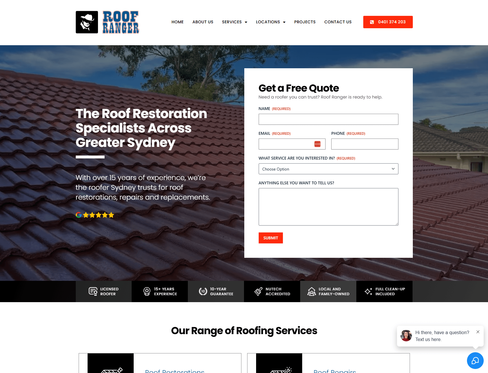 The new Roof Ranger home page built by JS Website Design