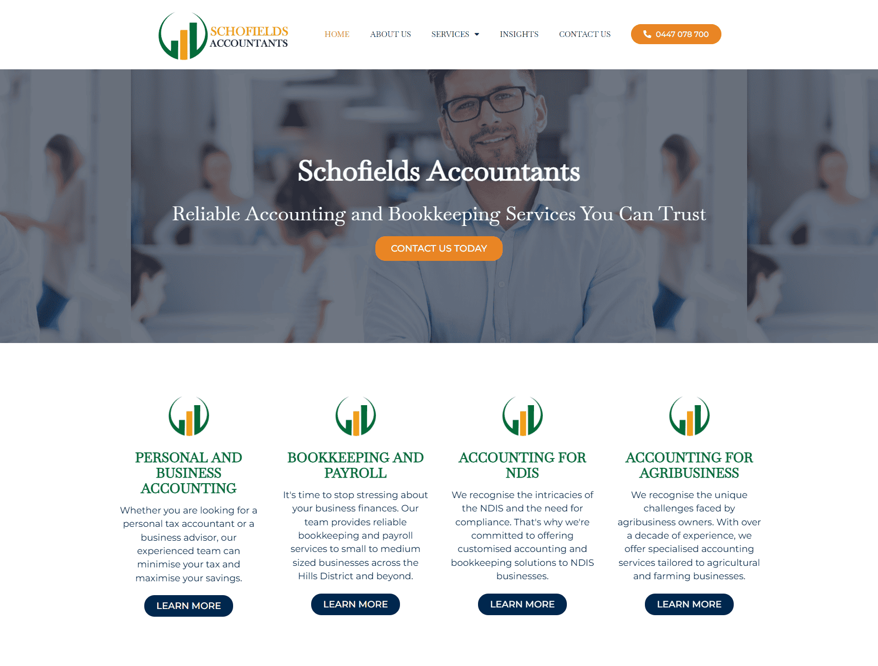 The Schofields Accountants home page showing the NDIS and agribusiness service cards