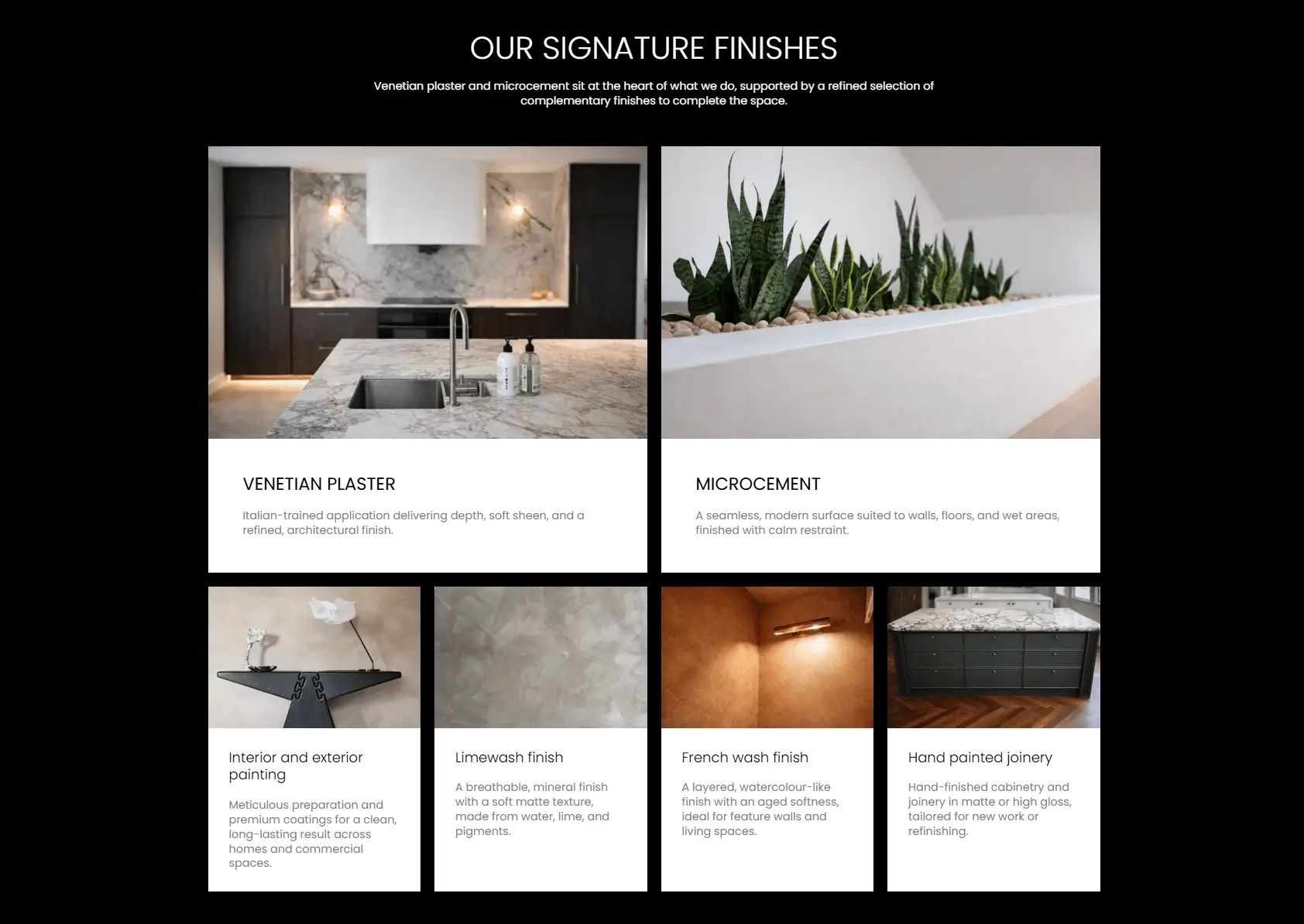 Signature finishes section on the Soldani Projects home page