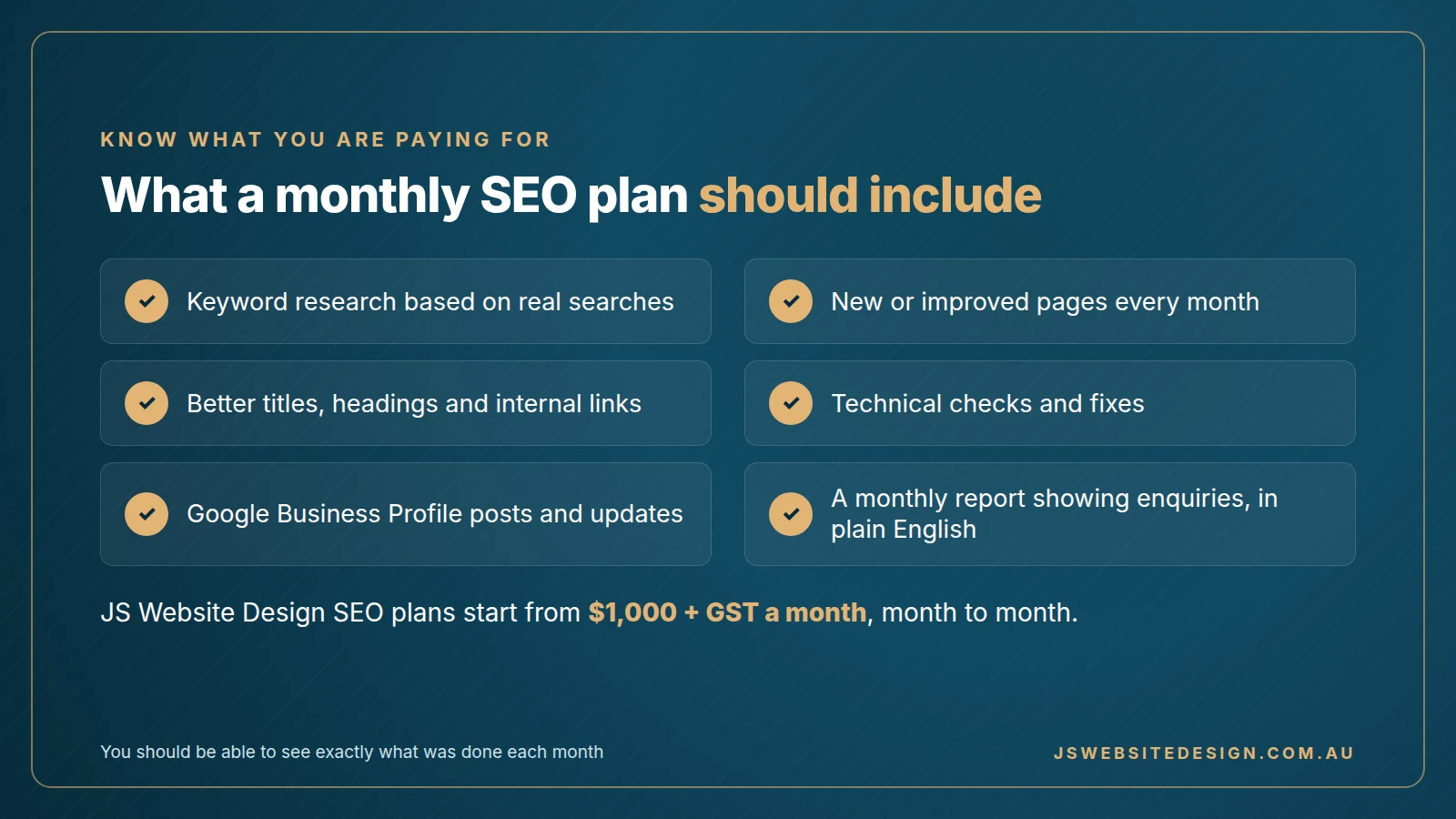 What a monthly SEO plan should include, from keyword research and new pages to technical fixes and a monthly report