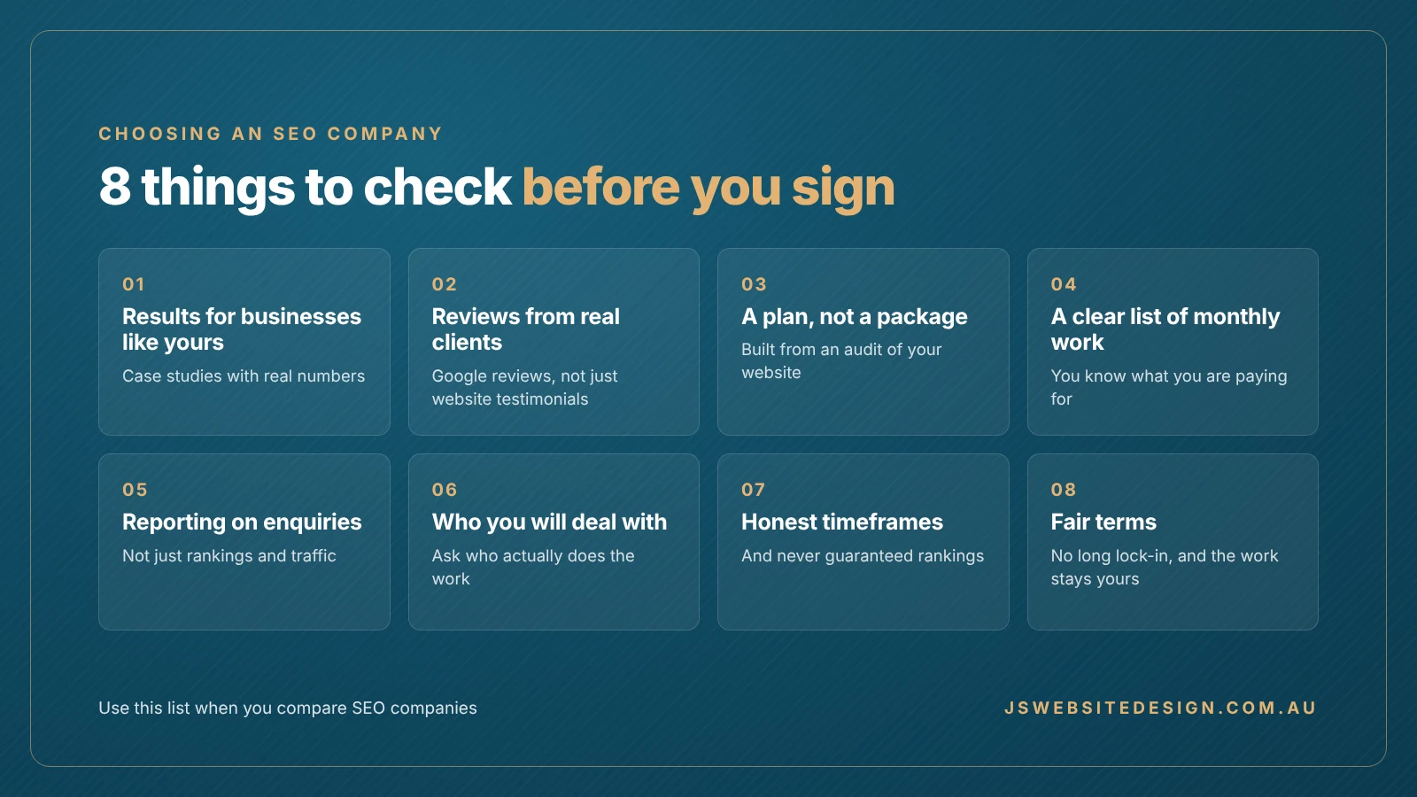 Eight things to check before you sign with an SEO company, from results for businesses like yours to fair terms and owning the work