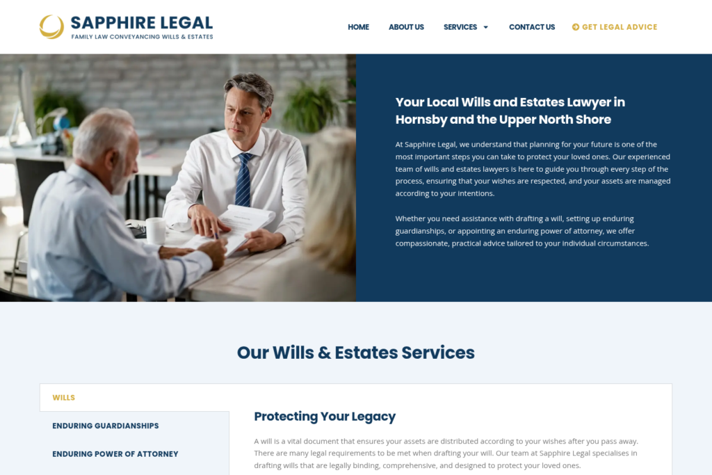 Sapphire Legal wills and estates page designed by JS Website Design
