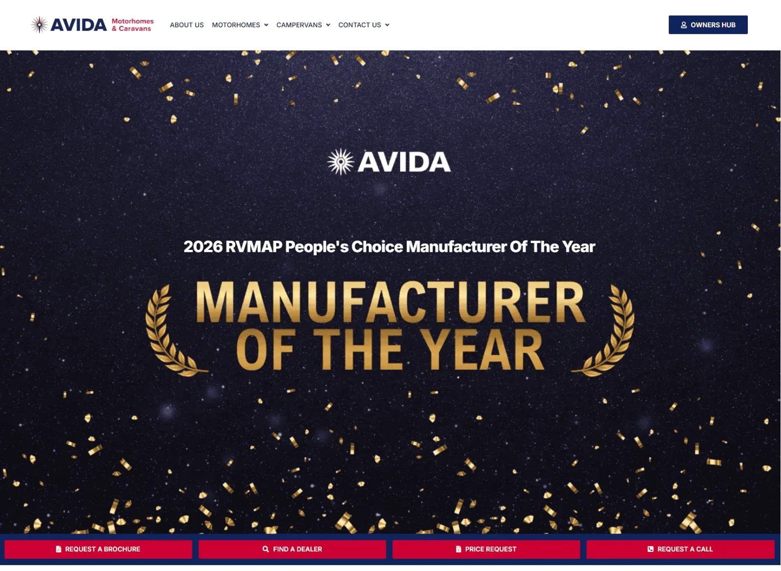 The Avida RV home page on desktop