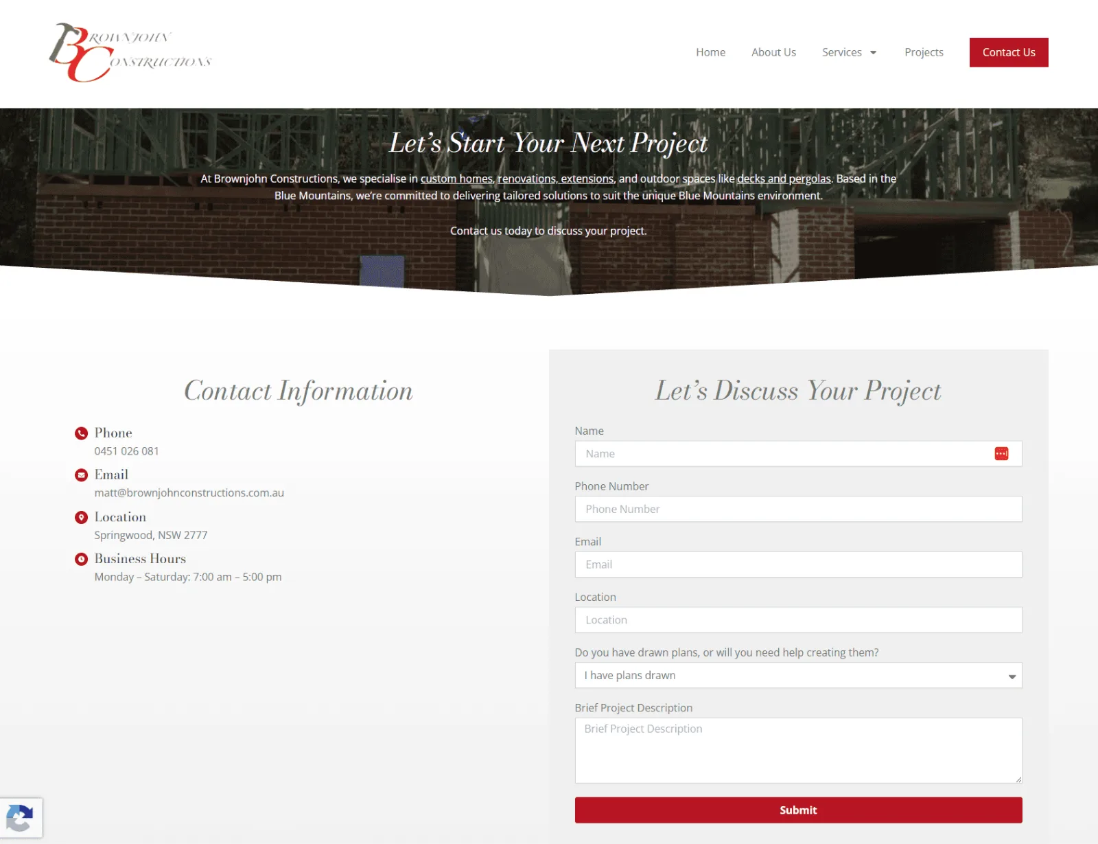 The new Brownjohn Constructions contact page