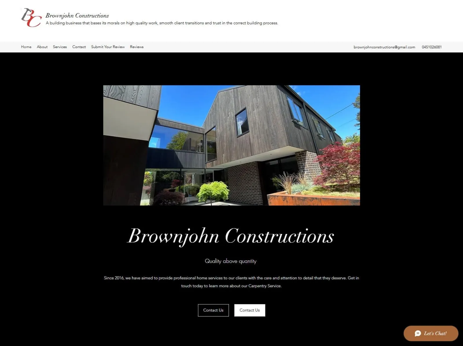 The old Brownjohn Constructions home page on the DIY Wix site