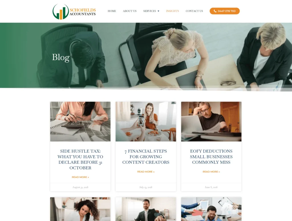 Schofields Accountants blog page with articles written for their niche clients