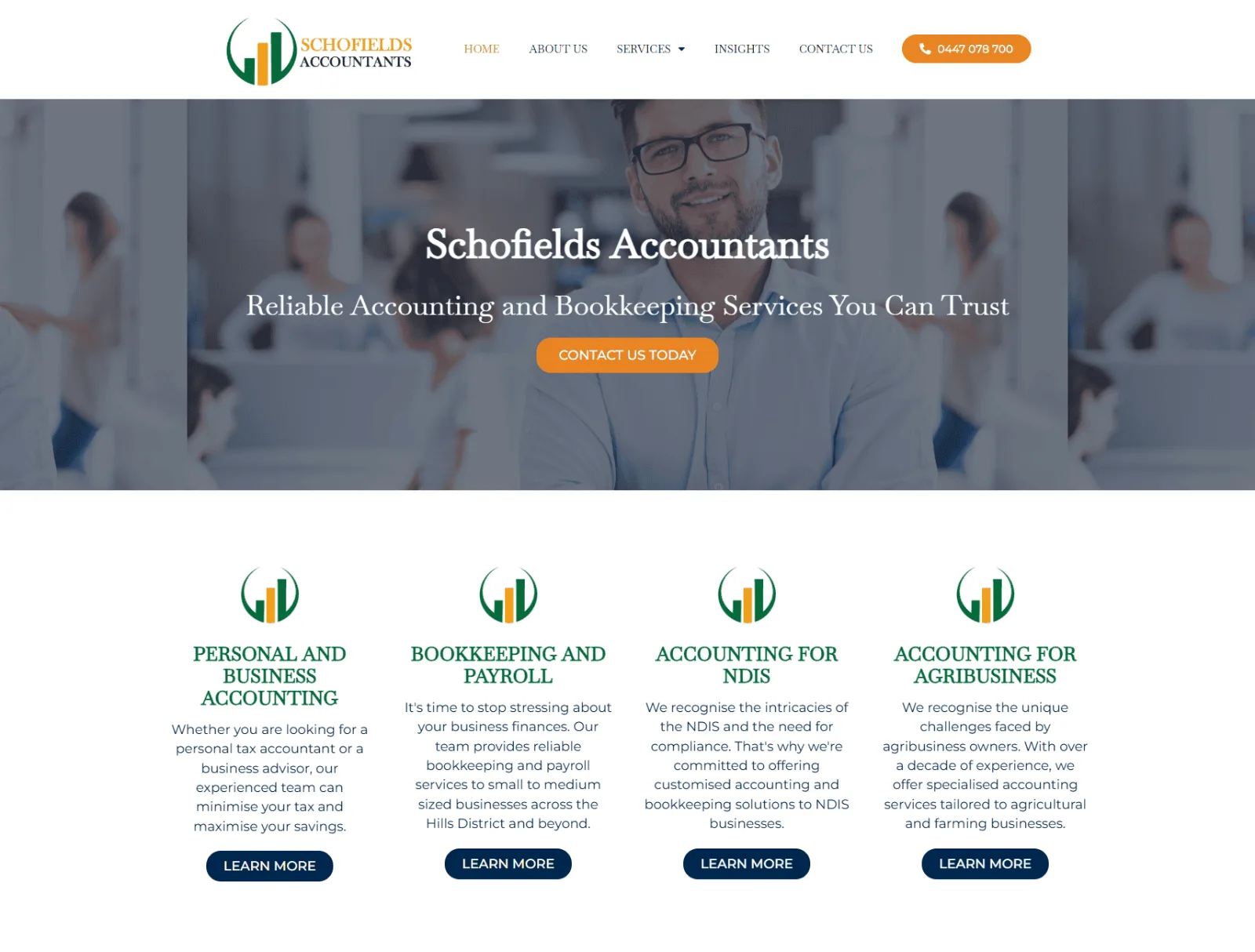 The Schofields Accountants home page showing the NDIS and agribusiness service cards
